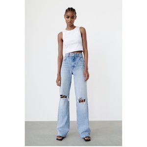 Zara | Full Length High Rise Wide Leg Jeans, Light Wash w/ Destroyed Knees Sz. 6